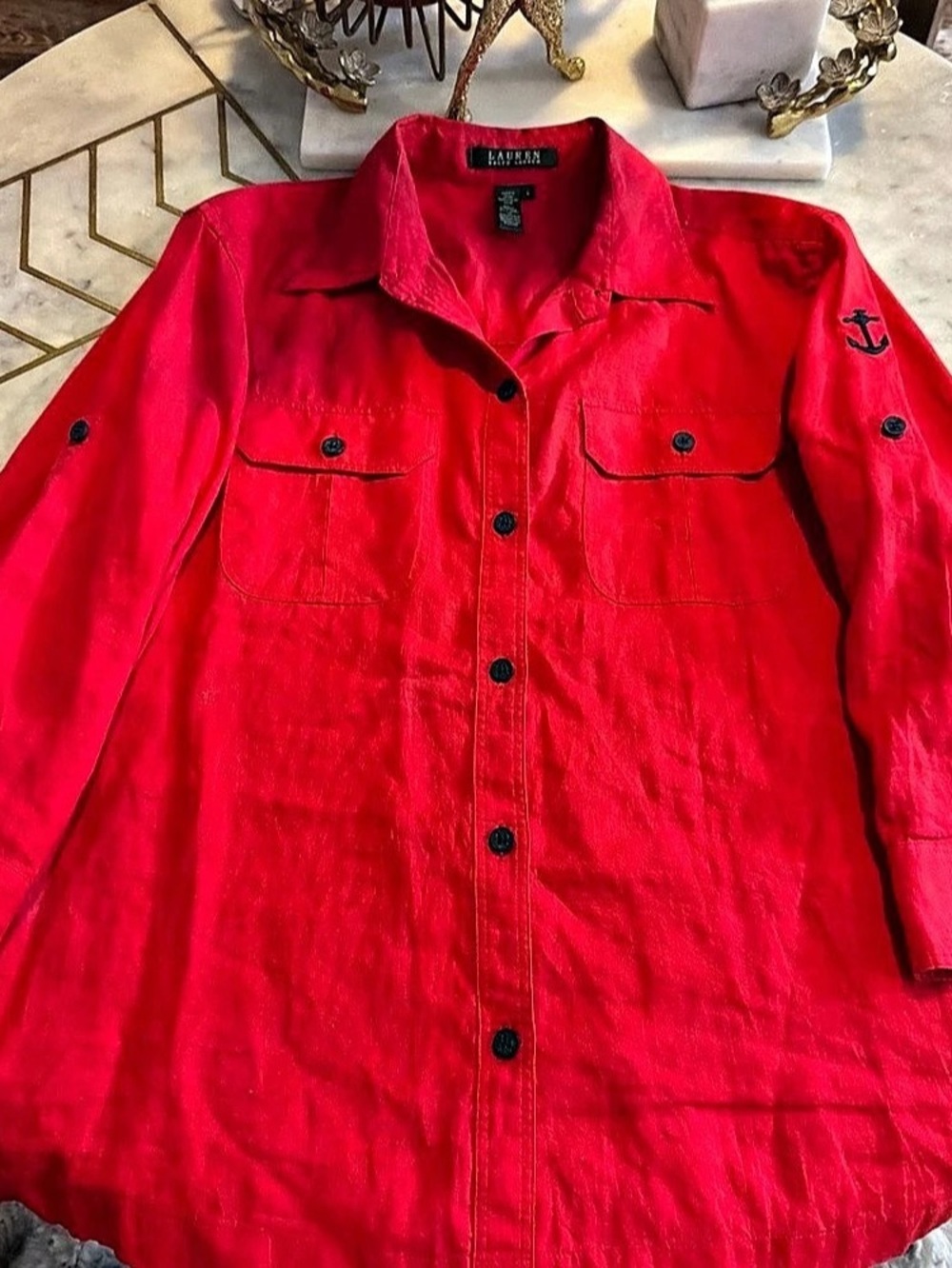Lauren Ralph Lauren 100% Linen Utility Button-Down Shirt Red Large